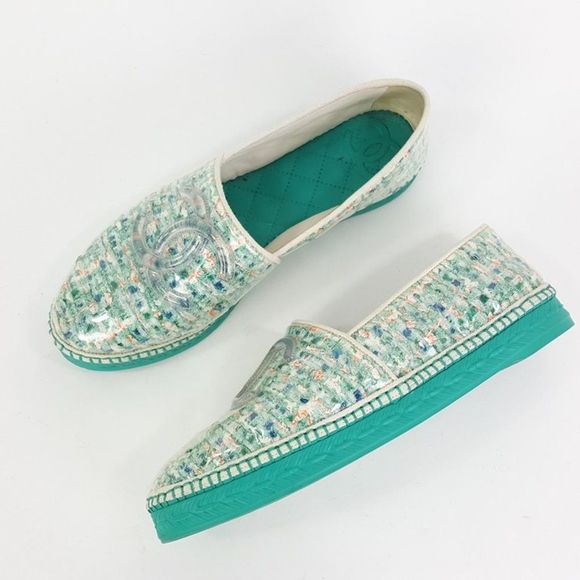 Chanel Green Multi PVC Tweed CC Slip On Espadrilles Shoes Size 39 - Picture 1 of 7